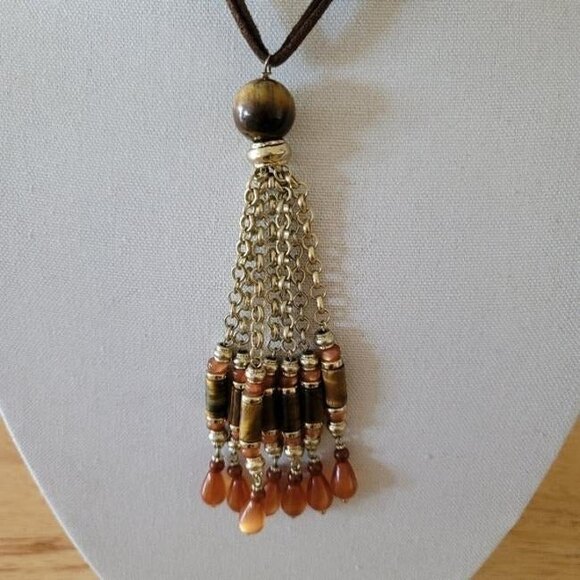 Chico’s Brown Tiger’s Eye Tassel Necklace – Statement Beaded Pendant Jewelry - Picture 2 of 4